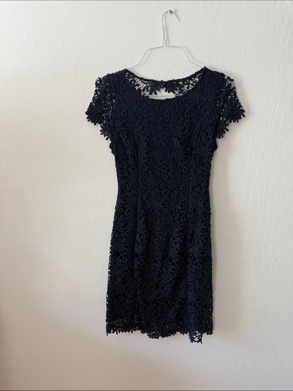 Lulus Elegant Navy Crochet Lace Cap-Sleeve Dress - backless